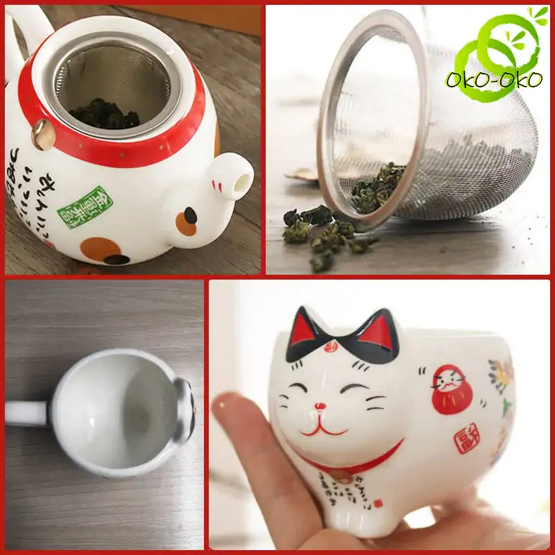Théière Céramique <br> Maneki Neko | OkO-OKO™ Service à thé Theiere + tasse et fitre à thé inoxydable Chat Maneki Neko | oko-oko