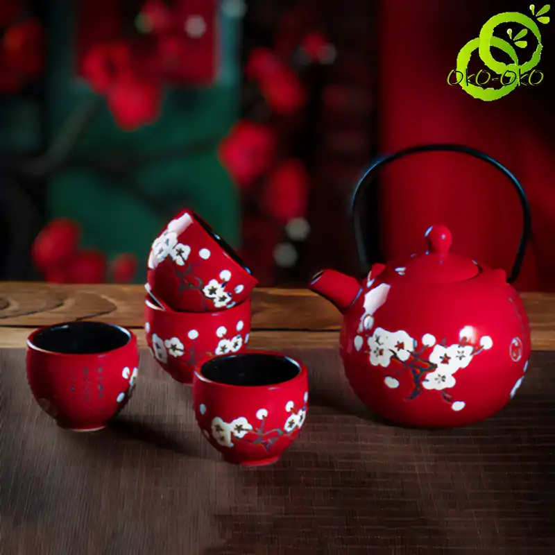 Service à thé Chinois <br> Rouge fleur blanche (Plateau en option) | OkO-OKO™ Service à thé en céramique Chinois pas cher avec jolies feurs blanche de cerisier | oko-oko