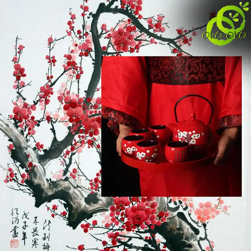 Service à thé Chinois <br> Rouge fleur blanche (Plateau en option) | OkO-OKO™ Service à thé Chinois avec feurs blanche et arbre de cerisier calligraphie | oko-oko