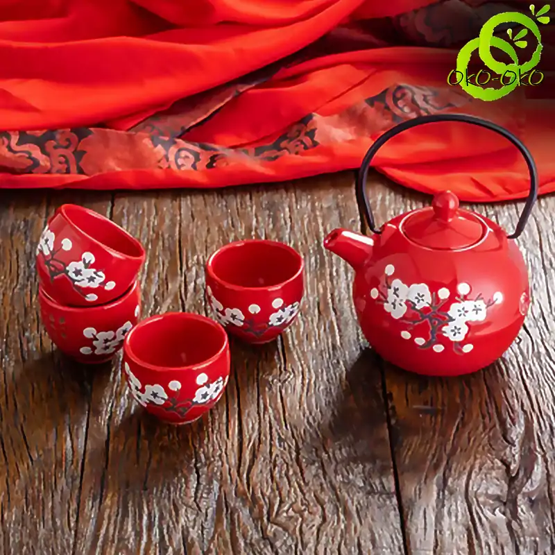Service à thé Chinois <br> Rouge fleur blanche (Plateau en option) | OkO-OKO™ Service à thé Chinois avec feurs blanche de cerisier variante 1 | oko-oko