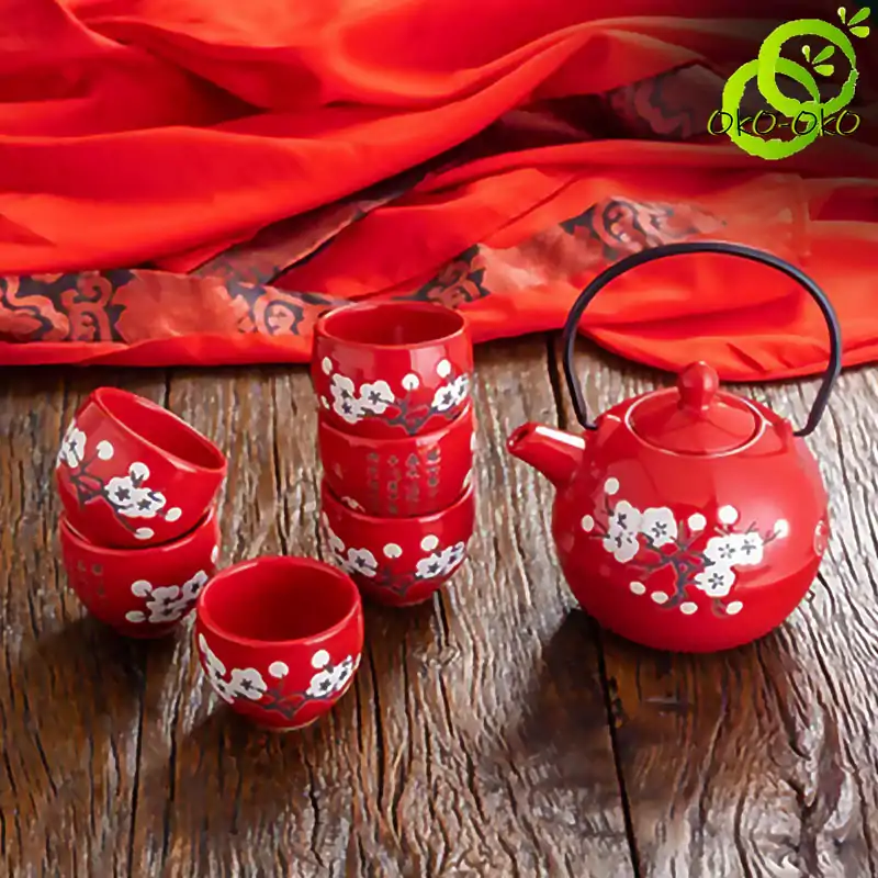 Service à thé Chinois <br> Rouge fleur blanche (Plateau en option) | OkO-OKO™ Service à thé Chinois avec feurs blanche de cerisier variante 2 | oko-oko