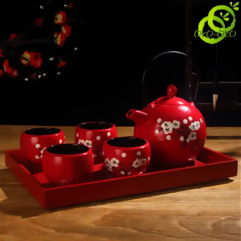 Service à thé Chinois <br> Rouge fleur blanche (Plateau en option) | OkO-OKO™ Service à thé Chinois avec feurs blanche de cerisier variante 3 | oko-oko