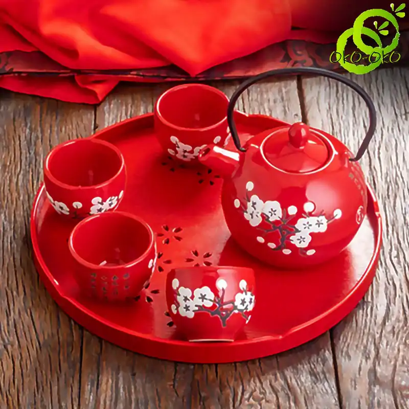 Service à thé Chinois <br> Rouge fleur blanche (Plateau en option) | OkO-OKO™ Service à thé Chinois avec feurs blanche de cerisier Variante 4 | oko-oko