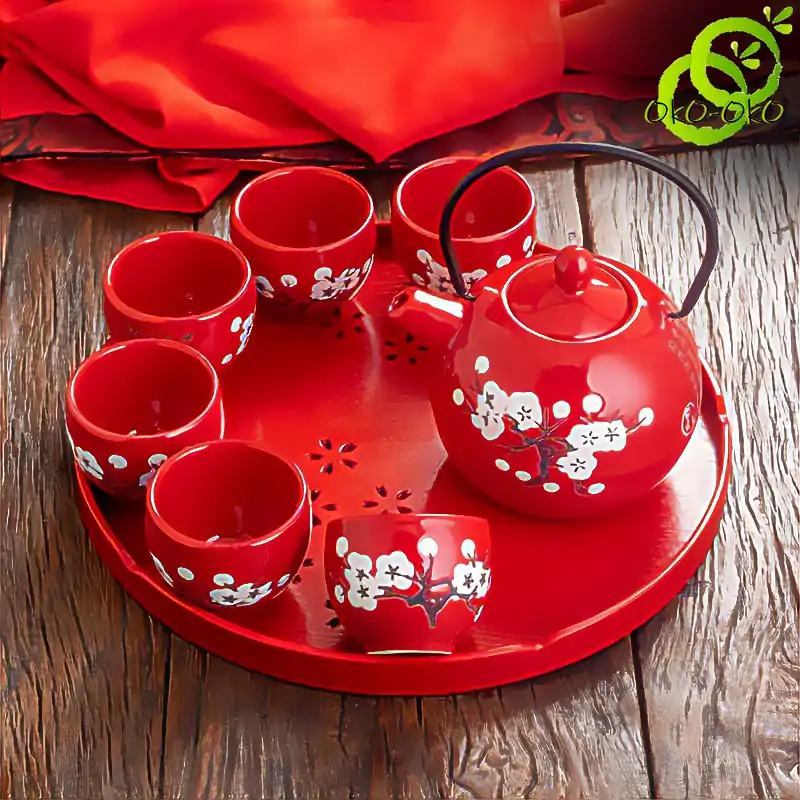Service à thé Chinois <br> Rouge fleur blanche (Plateau en option) | OkO-OKO™ Service à thé Chinois avec feurs blanche de cerisier variante 5 | oko-oko