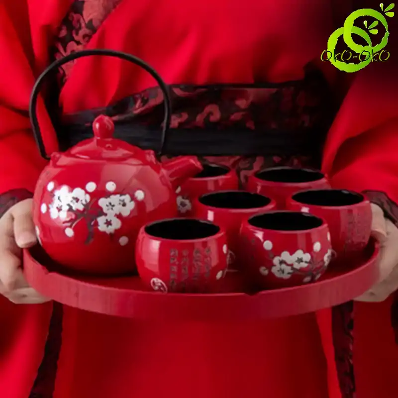 Chinese tea set with white cherry leaves | oko-oko