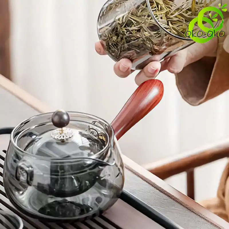 Théière Rotative en Verre 500 ml | OkO-OKO™ Belle Théière pour le thé en vrac rotative en verre transparent pendant le service oko-oko