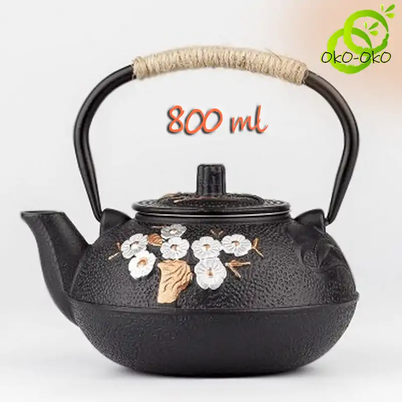 Theiere en Fonte <br> Noire avec Fleur de Cerisier | OkO-OKO™ Théière-en-fonte-noire-fleur-de-cerisier-Varainte-800ml-oko-oko