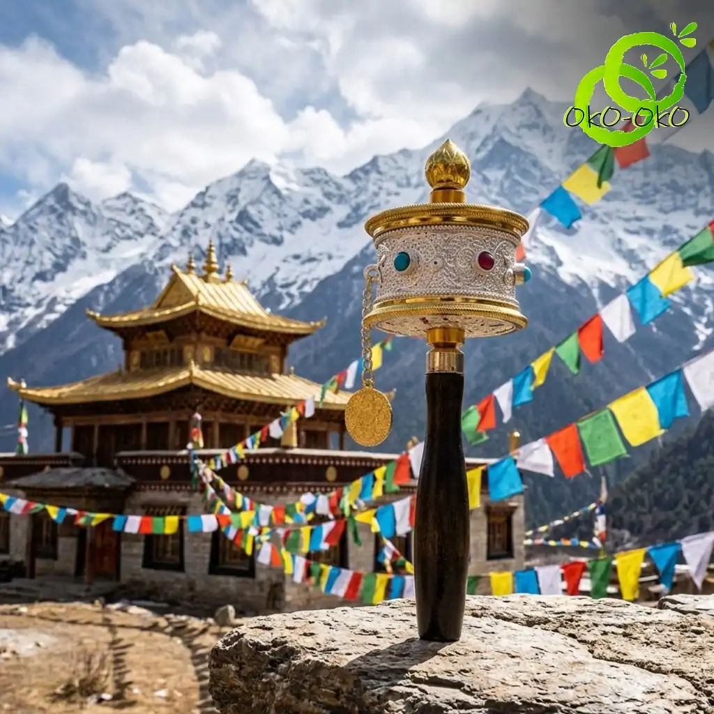 Molinillo de oración tibetano con mantras grabados | OkO-OKO™ Primer plano de un moulin priere tibetano de latón con mantras y mango de madera oscura frente a un fondo de templo montañoso pintoresco