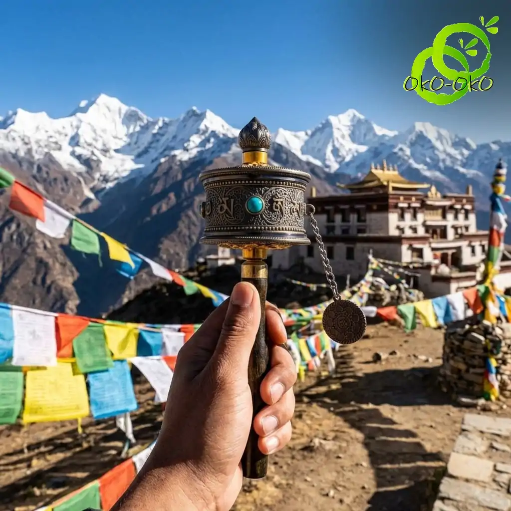Molinillo de oración tibetano con mantras grabados | OkO-OKO™ Mano sosteniendo un moulin de oración tibetano de latón con mantras y una piedra turquesa frente a picos nevados del Himalaya