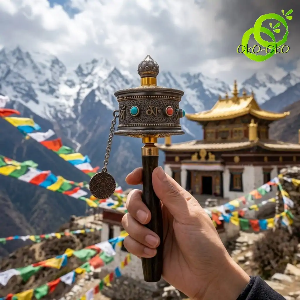 Molinillo de oración tibetano con mantras grabados | OkO-OKO™ Mano sosteniendo un moulin de oración tibetano de latón con mantras y símbolos grabados frente a picos nevados del Himalaya y un templo dorado