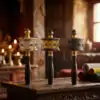 Molinillo de oración tibetano con mantras grabados | OkO-OKO™ Tres molinillos de oración tibetanos dorados con manijas de madera oscura descansando sobre una mesa antigua tallada en un templo