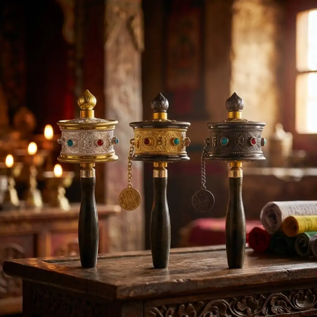 Molinillo de oración tibetano con mantras grabados | OkO-OKO™ Tres molinillos de oración tibetanos dorados con manijas de madera oscura descansando sobre una mesa antigua tallada en un templo