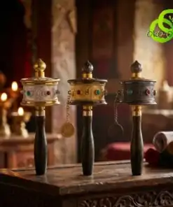 OkO-OkO | Aroma, Thé, Bijoux, Déco, Beauté, Utile | OkO-OKO™ Three golden moulin priere tibetain mantras with dark wooden handles resting on a carved antique table in a temple