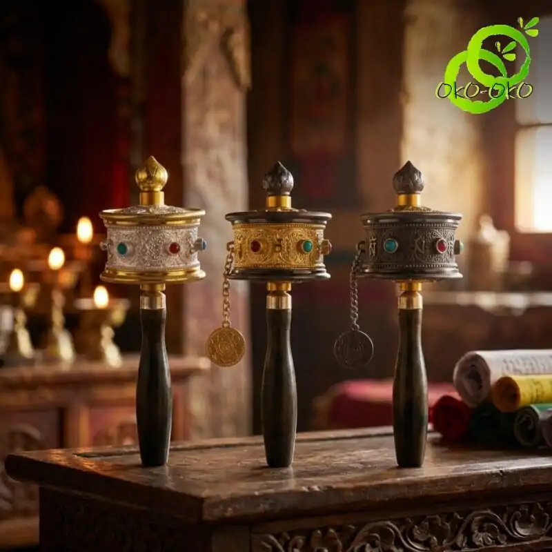 Three golden moulin priere tibetain mantras with dark wooden handles resting on a carved antique table in a temple