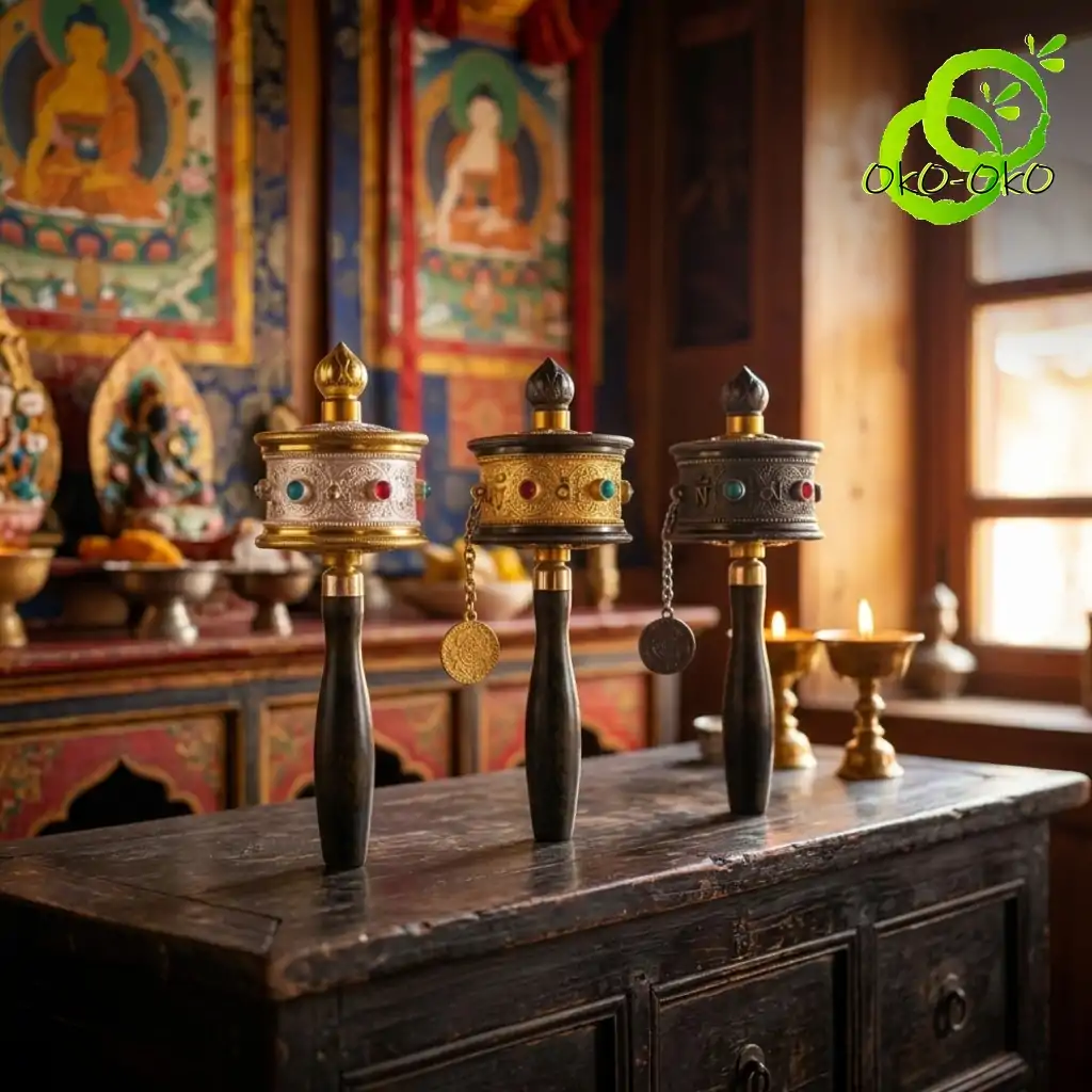 Molinillo de oración tibetano con mantras grabados | OkO-OKO™ Tres molinillos de oración tibetanos de latón con diferentes acabados metálicos descansan sobre una mesa de altar de madera rústica oscura