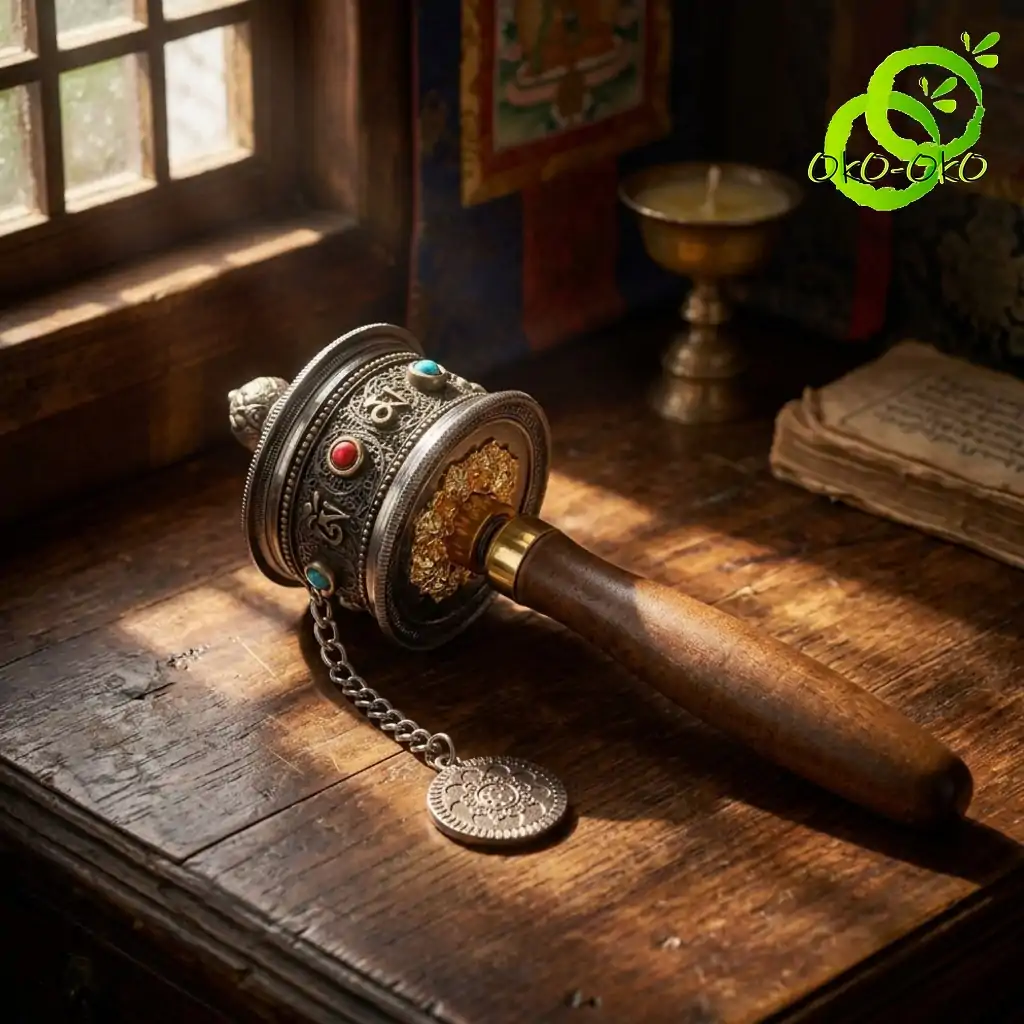 Molinillo de oración tibetano con mantras grabados | OkO-OKO™ Primer plano de un mango de madera y un moulin prière tibetano de plata con mantras, decorado con gemas de turquesa y coral sobre una mesa rústica