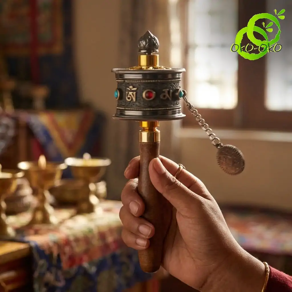Molinillo de oración tibetano con mantras grabados | OkO-OKO™ Mano sosteniendo un molinillo de oraciones tibetano de latón y madera con mantras y símbolos grabados y un pequeño colgante de cadena metálica