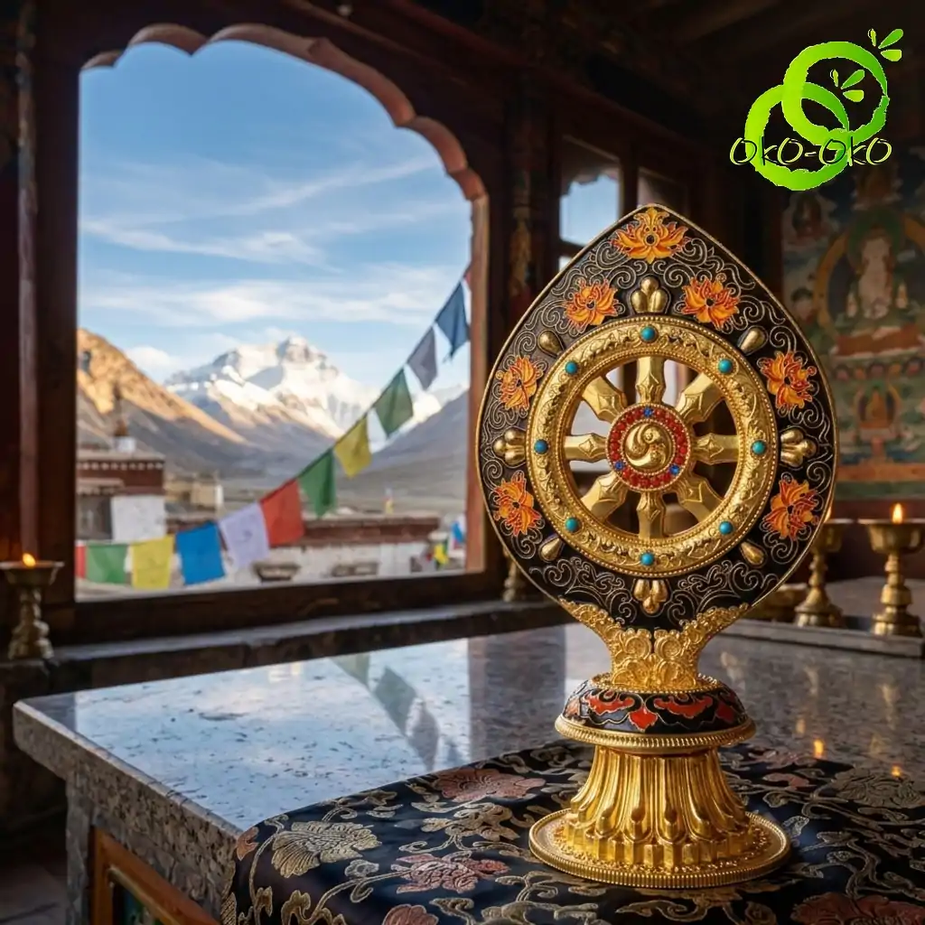 Roue du Dharma dorée ou Dharmachakra aux détails précieux et dorés | OkO-OKO™ Ornate gold-plated roue dharma doree dharmachakra with turquoise accents and red jewels on a dark engraved background
