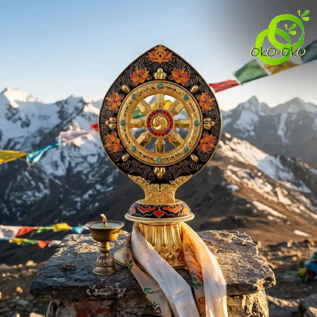 Roue du Dharma dorée ou Dharmachakra aux détails précieux et dorés | OkO-OKO™ Close-up of a golden roue dharma doree dharmachakra with turquoise inlays set against snowy Himalayan peaks and prayer flags