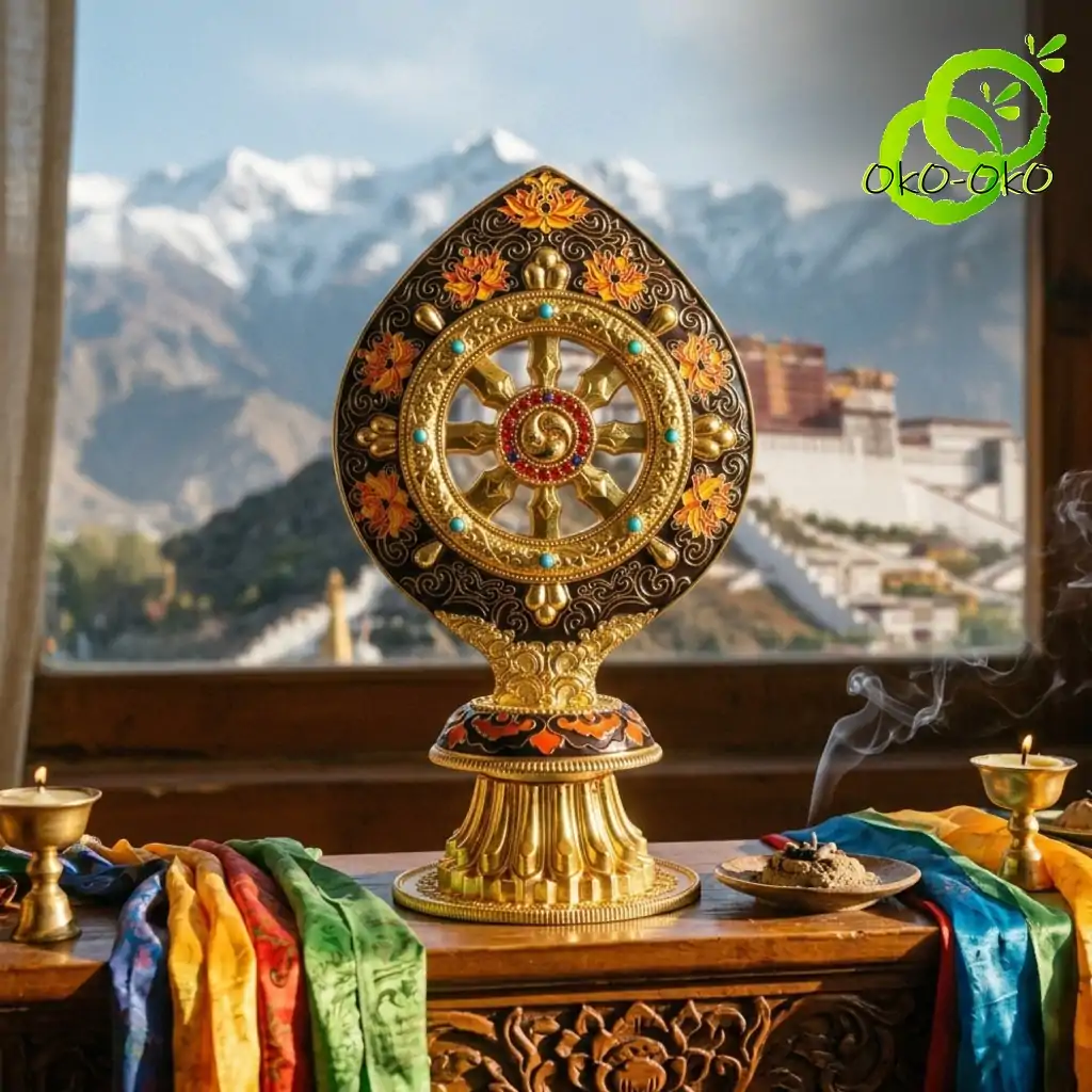Roue du Dharma dorée ou Dharmachakra aux détails précieux et dorés | OkO-OKO™ Close-up of an ornate roue dharma doree dharmachakra with colorful gems atop a carved wooden altar facing snowy mountains