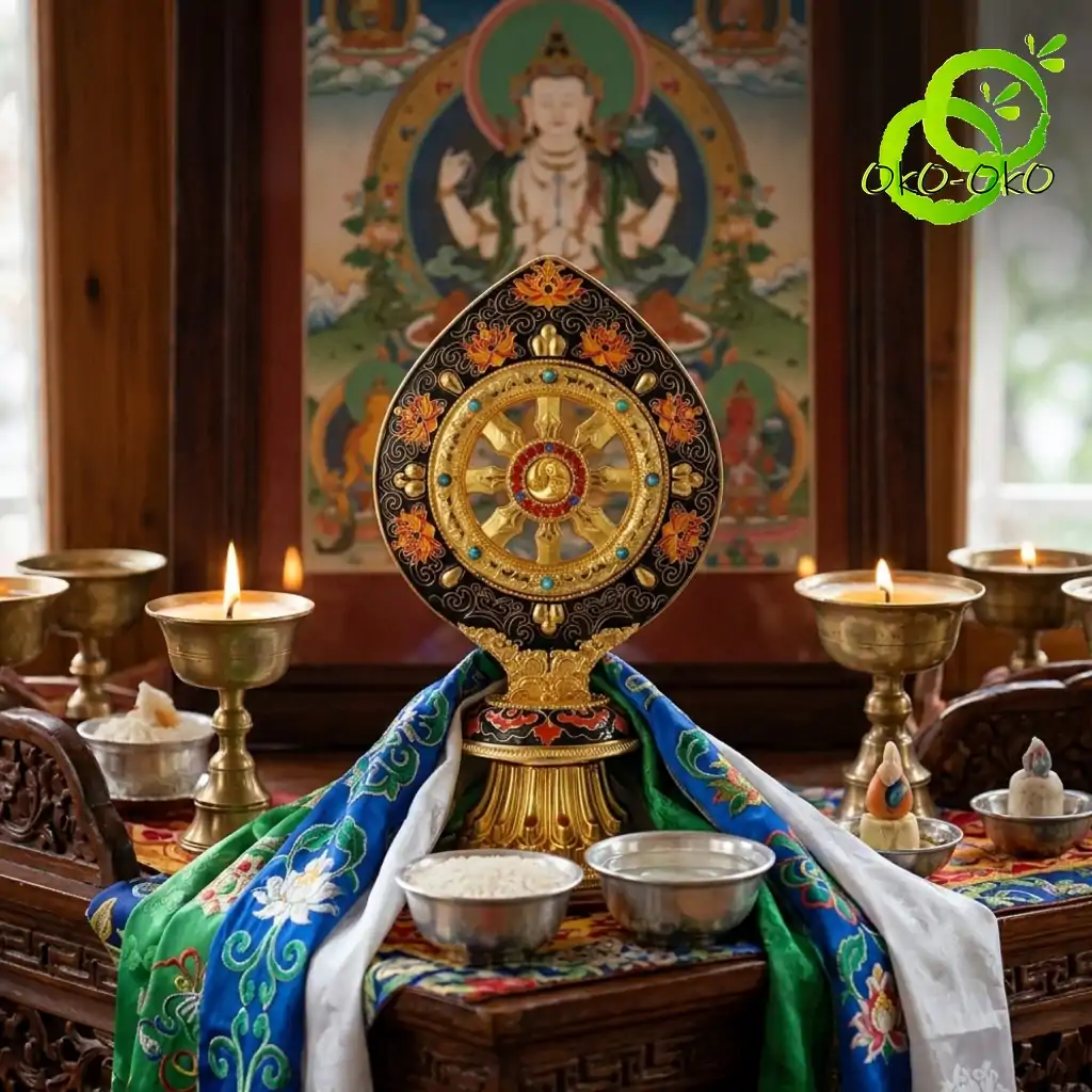Roue du Dharma dorée ou Dharmachakra aux détails précieux et dorés | OkO-OKO™ Close-up of an ornate roue dharma doree dharmachakra on a sacred altar with lit candles and colorful silk fabrics