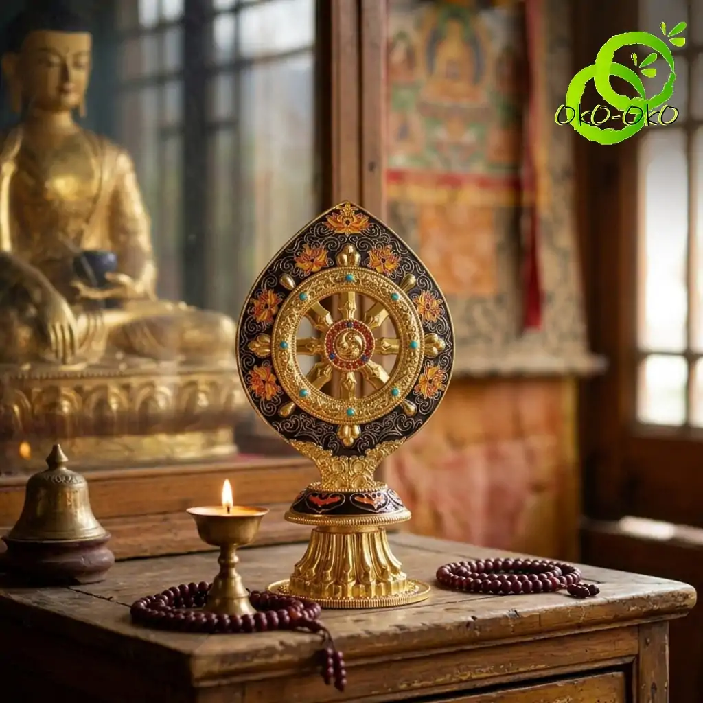 Roue du Dharma dorée ou Dharmachakra aux détails précieux et dorés | OkO-OKO™ Close-up of a gold roue dharma doree dharmachakra with turquoise gems on a wooden altar beside a lit candle and prayer beads