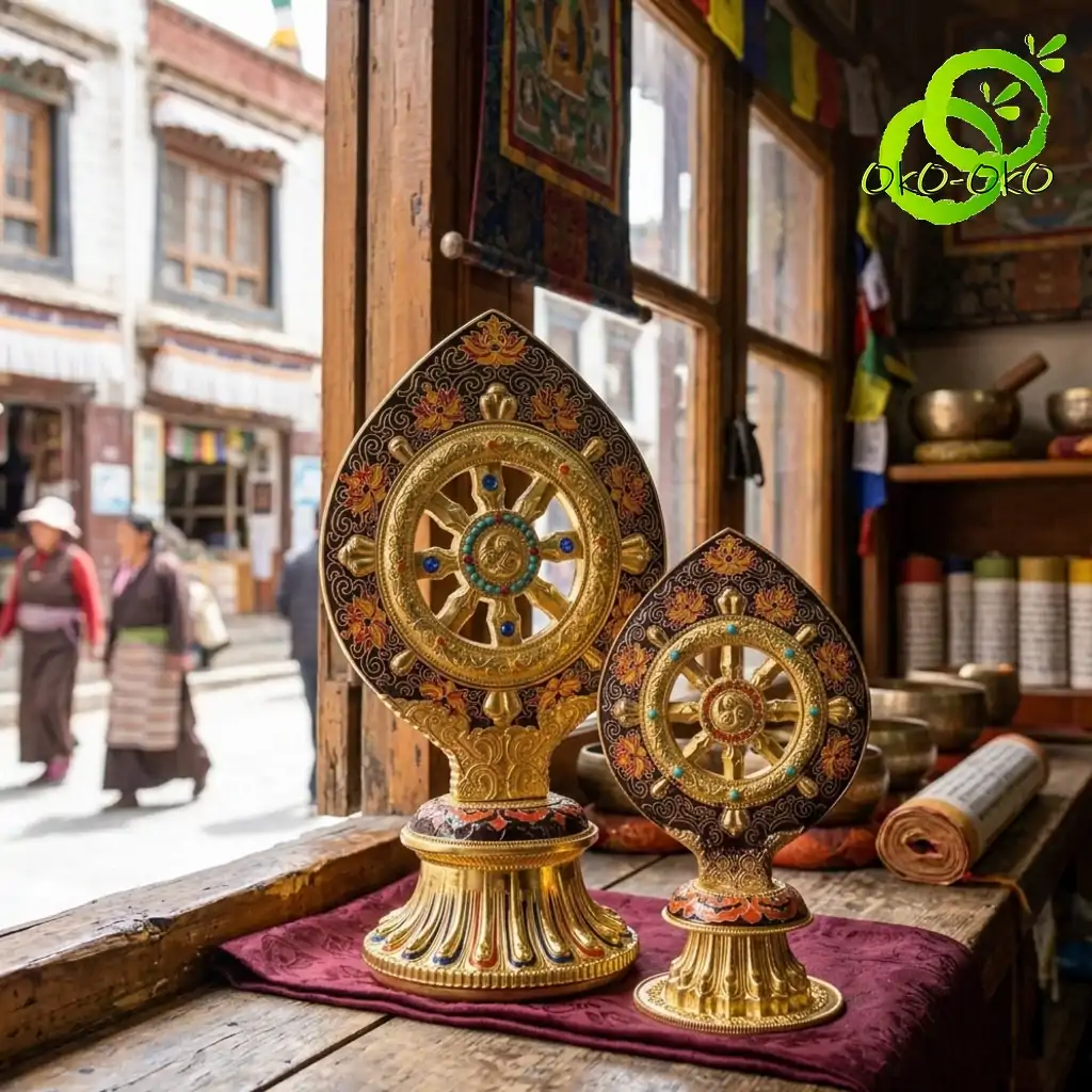Roue du Dharma dorée ou Dharmachakra aux détails précieux et dorés | OkO-OKO™ Close-up of two ornate roue dharma doree dharmachakra sculptures with turquoise inlays on a rustic wooden table