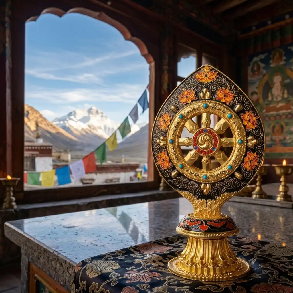 Roue du Dharma dorée ou Dharmachakra aux détails précieux et dorés | OkO-OKO™ Close-up of an ornate roue dharma doree dharmachakra with turquoise gems on a carved gold pedestal in a Tibetan temple