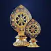 Roue du Dharma dorée ou Dharmachakra aux détails précieux et dorés | OkO-OKO™ Two sizes of an ornate roue dharma doree dharmachakra featuring gold metal and intricate floral engravings on navy blue