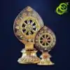 Roue du Dharma dorée ou Dharmachakra aux détails précieux et dorés | OkO-OKO™ Two sizes of an ornate roue dharma doree dharmachakra featuring gold metal and intricate floral engravings on navy blue