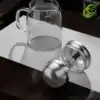 Glass Teapot with Retractable Filter | OkO-OKO™ Théière verre transparente avec filtre en acier inoxydable à double mécanisme, posée sur surface texturée dans ambiance minimaliste